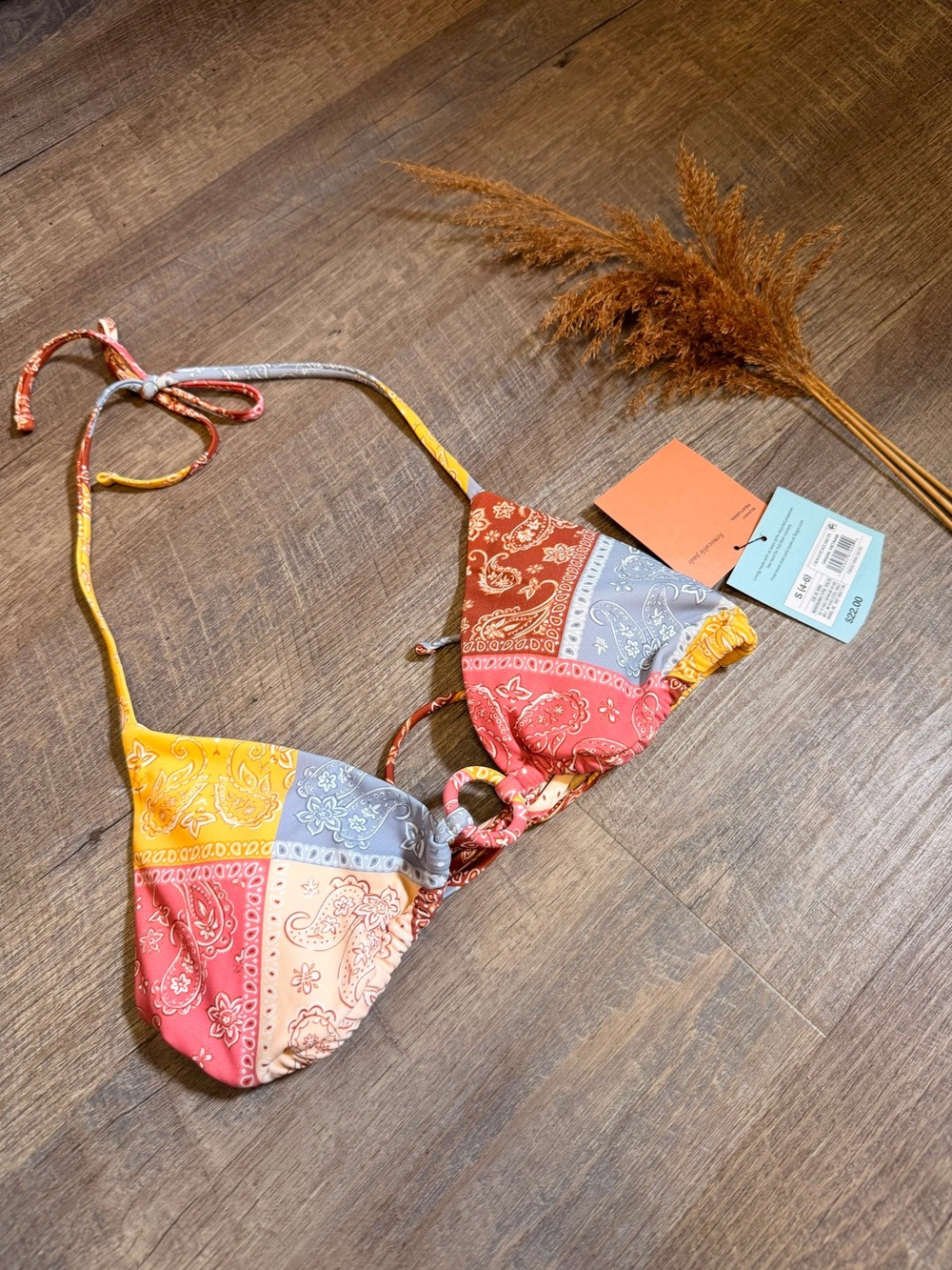 Shade & Shore Patchwork Paisley Triangle Bikini Top - Yellow, Red, Blue